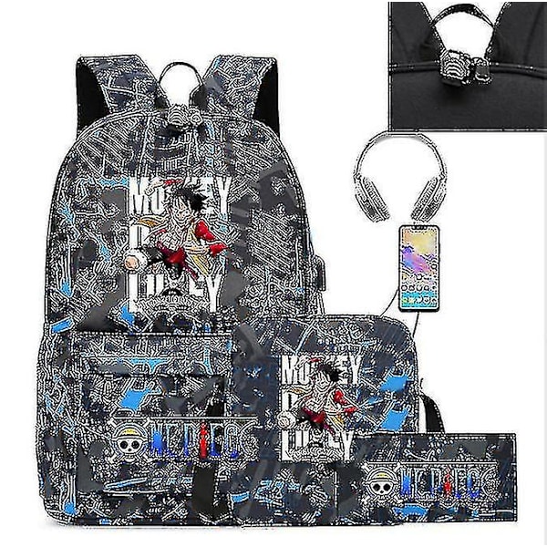 3 st/set Anime One Piece USB Anti-stöldlås Pojkar och flickors ryggsäck Ungdom Student Skolväska Fritids Resa Ryggsäck Hög kvalitet