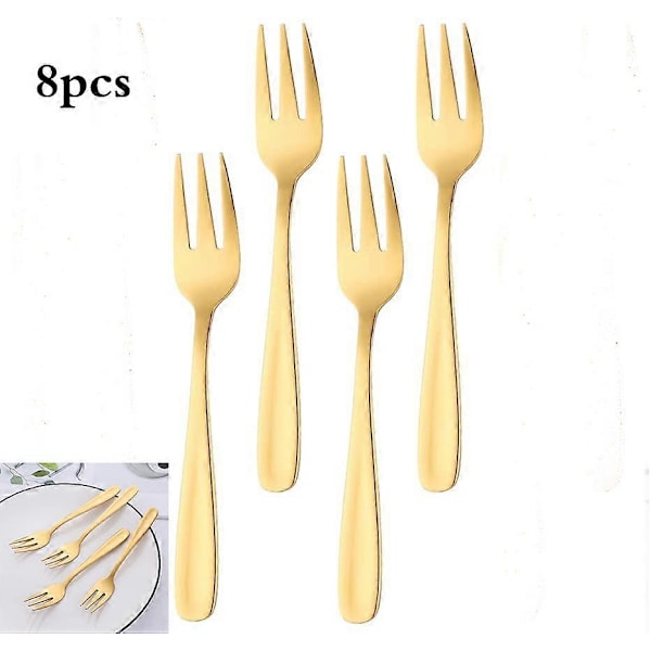 Kakegaffel i rustfritt stål med 3 tenner, fruktgaffel, 8-delt gullgaffelsett, speilpolert, perfekt for bryllup, fest, dessert (LGL)