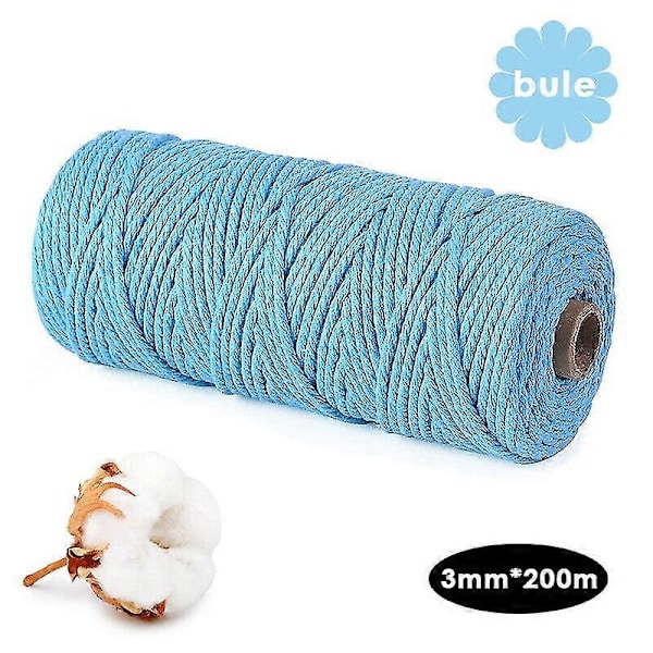 3mm X 200m Luonnonpuuvilla Kierretty Naru Askartelu Makramee Käsityöläisköysi Punottu LGL Light Blue