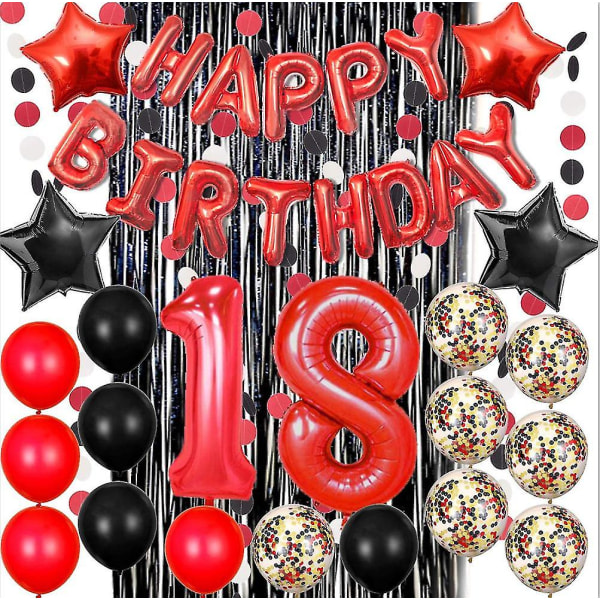 18-årspynt til jente ,rødt og svart søtt 18-årsdagspynt Gratulerer med 18-årsdagens festballonger til jente Sort røde ballonger Decor Ki