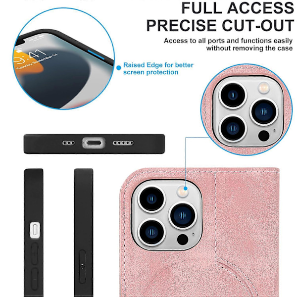 Plånboksfodral för iPhone 15 Pro Max 6,7 tum Kompatibel med Magsafe-laddare, Magnetiskt Flip Folio PU Läder Telefonskal Stötsäkert Skydd, Rosa (LGL)