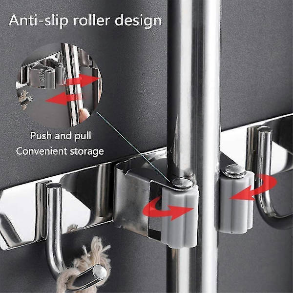 Kost og moppeholder, rustfrit stål, med 4 stativer og 5 kroge (LGL)
