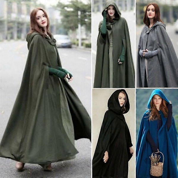 Middelalderlig Vintage Hætte Cape Frakke til Kvinder Vinter Vintage Elegant Vikingekåbe Enkelt Knap Kappe LGL Black L