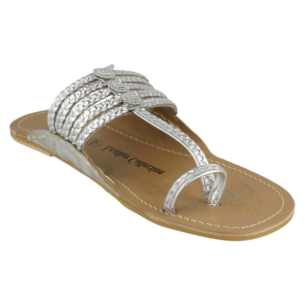 Dam Läderkollektion Platt Tåögla Flätade Sandaler F00077 LGL Silver UK 6