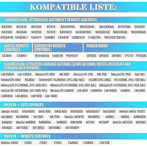 2 stk. Kompatibel håndholdt Chamberlain Liftmaster Motorlift Garageportåbner Transmitter 94335e | 84335e | Ml700 | Ml500 | Ml850 | Merlin + C945