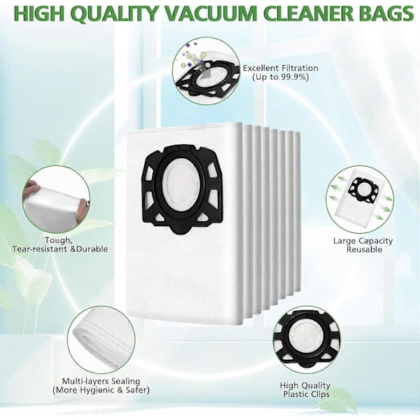 8-pak KFI 357 støvsugerposer, kompatible med Krcher WD 2 Plus, WD 3, WD 3 Battery, KWD 1, KWD 2, KWD 3, MV 3, WD 3.200 (LGL)