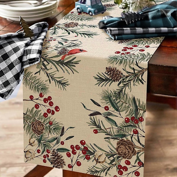Bordslöpare med vintertallgrenar, tallkottar, kardinalfåglar, röda bär, lantlig köksmatbord 13 x 72 tum - Tall (LGL)