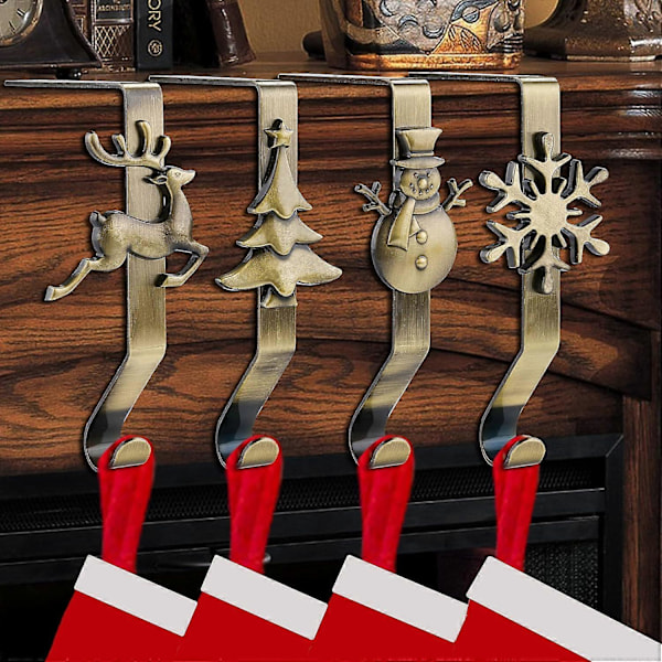 Strømpeholdere til peis, julestrømpeholdere for peis, sett med 4, bronse (LGL)