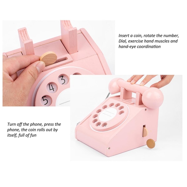 Kid Wooden Playhouse Dial Telephone Toy Interactive Pretend Phone[GL] Pink