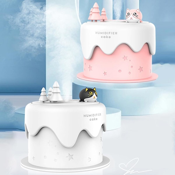 Liten Kake Luftfukter med Fargerikt Nattlys Skrivebord Tåkemaskin Luftfukter for Hjem Soverom Kontor Stille Drift USB Drevet Bærbar D LGL White