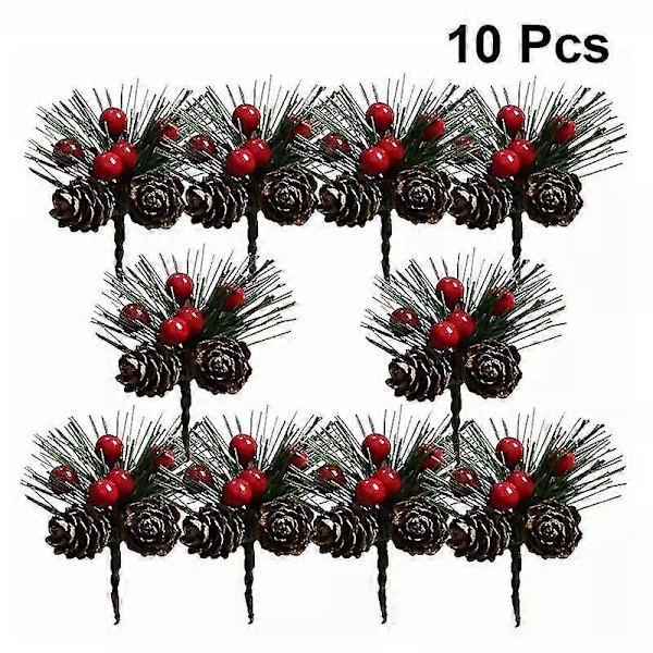WJTG 10 st Konstgjorda Blommor Röda Bär Tallkottar Stechpalmskvistar Dekoration För Hem Blomsterdekor Hantverk J LGL A
