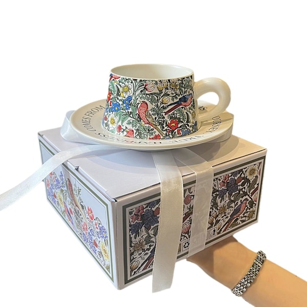 Teacups med fat, vintage, handmålade blommor och fåglar, teservis för hemmafester, återanvändbar, elegant, dekorativ, hållbar, morgontekopp-kit LGL White