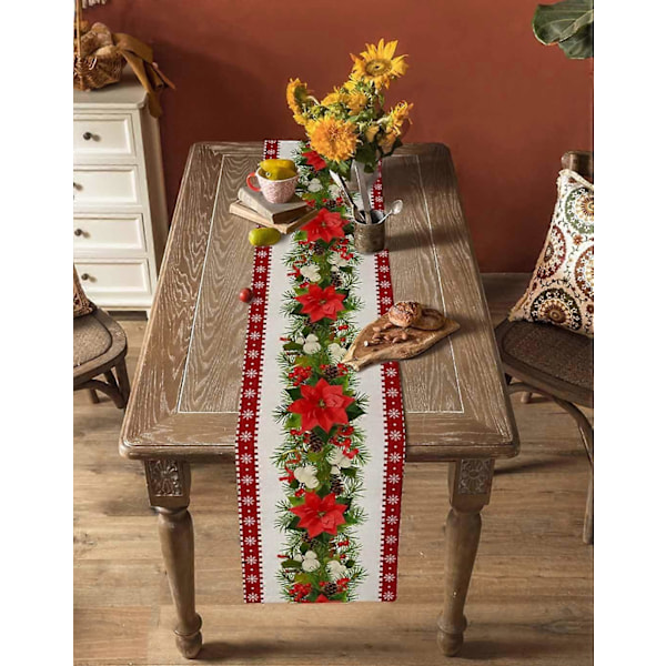 Rød juledug i landlig stil, tørklæder, spisebordsdug med snefnug og julestjerner, 33 x 183 cm (LGL)