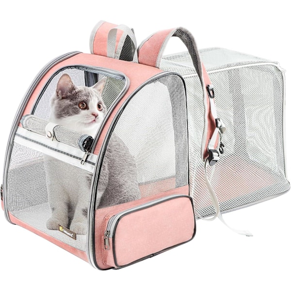 SQCLV Katt Ryggsäck - Utbyggbar Husdjursbärare för Mellankatter och Små Hundar upp till 17 lbs - Andningsbar, Vikbar & Mjuk Katt Reseväska för Utomhus Pink L