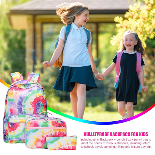 Trepuntig ryggsäck | Tie-dye-tryckt ryggsäck för flickor barn | Skolryggsäck med lunchlåda förskolebarn Kindergarten Bookbag Set [L] A