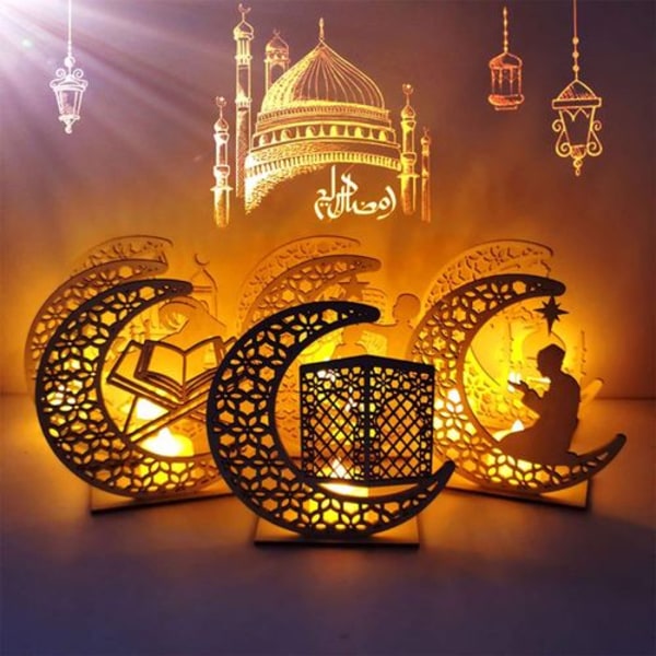 LED-lampe med måne og stjerne i tre, Måne- og stjernegardinlys Ramadan-lys (LGL)