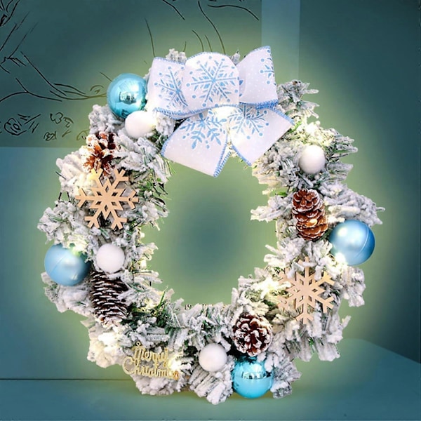 15,7\" Förbelyst Julkrans med Snöflingor, Kulor, Rosett och Kottar. Belysta Snöflinge-julkransar för Ytterdörr (Blå) (LGL)