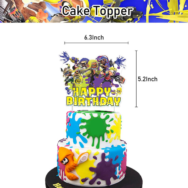 Splatoon 3-tema födelsedagsfestdekorationer Banner Ballonger Tårta/Cupcake Topper Set