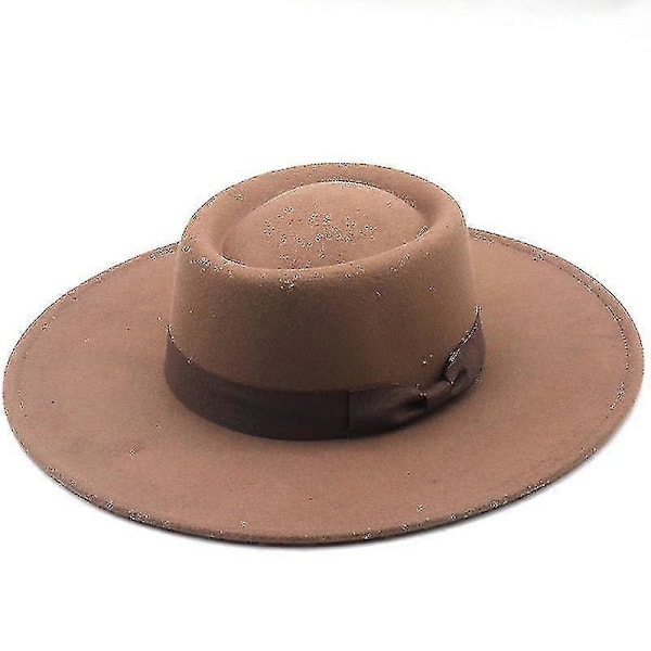 Hatte til mænd og kvinder, bowlerhat i uldfilt med sløjfe, flad top, bred skygge, letvægts retro klassisk LGL Khaki