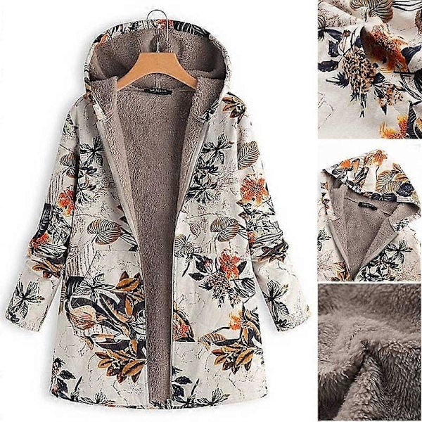 Afslappet Dame Varm Lomme Hættetrøje Langærmet Lynlås Vintage Frakker Blomster Fleece Jakke LGL navy blue XL