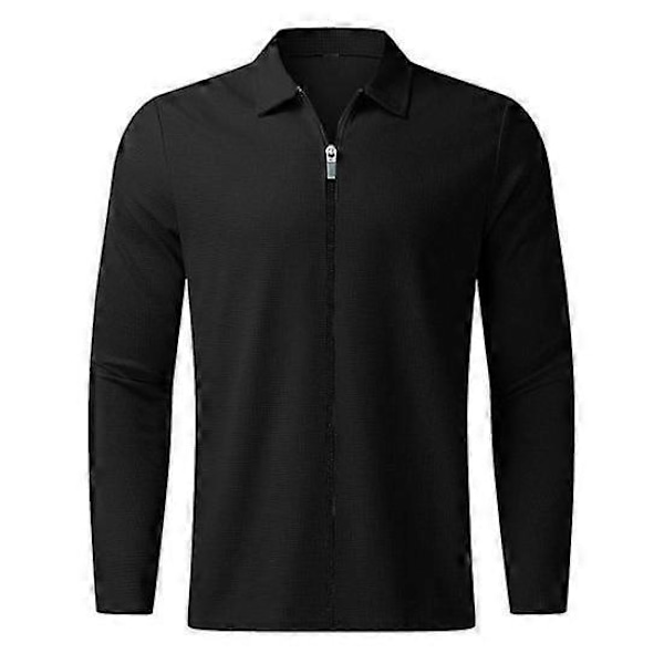 Herre Skjorte Høst Vinter Ensfarget Lang Pustende Erme Revers Glidelås Stolpe Utendørs Sports T-skjorte LGL black 3XL