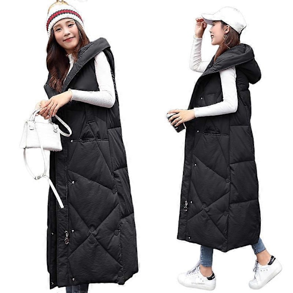 Lang quiltet damevest vinter dunvest overgangsvest vinterjakke lang vest vintervest letvægts varm quiltet afslappet lynlås puffer Ja LGL BLACK XL