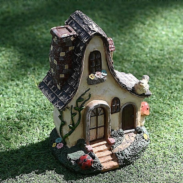 Feyhus Rustic Miniatyrträdgårdskåta med Nyckelpiga & Fågel Resin Fairy Garden Miniatyr Villa  (LGL) As Shown