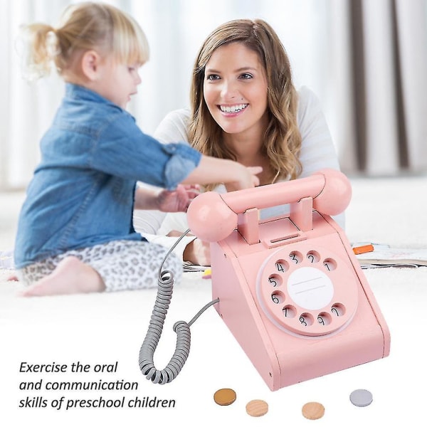 Kid Wooden Playhouse Dial Telephone Toy Interactive Pretend Phone[GL] Black