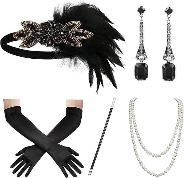 1920-talls Great Gatsby Tilbehørssett for kvinner, Flapper Pannebånd Hodeplagg Roaring 20s Kostyme Tilbehørssett (LGL) Black