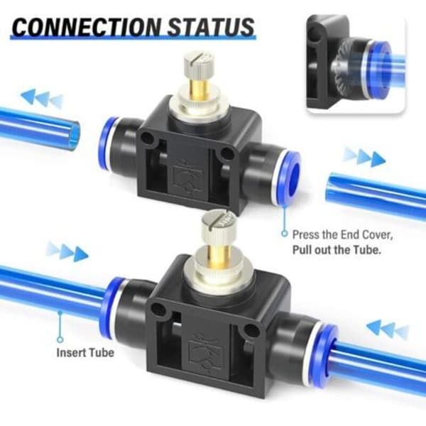 Pneumatisk luftstrømsreguleringsventil med plug-in fitting, in-line hastighedsregulator, lige forbindelse – 10 mm udvendig diameter rør x 10 mm udvendig (LGL)