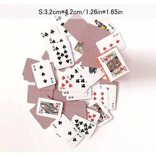 2 dæk mini spillekort, 3 forskellige størrelser af mini poker kort, bærbare fleksible mini spil poker kort til rejser, sød miniature dukkehus dekoration