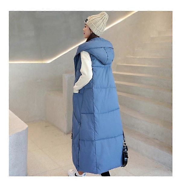Lang quiltet damevest vinter dunvest overgangsvest vinterjakke lang vest vintervest letvægts varm quiltet afslappet lynlås puffer Ja LGL BLUE M