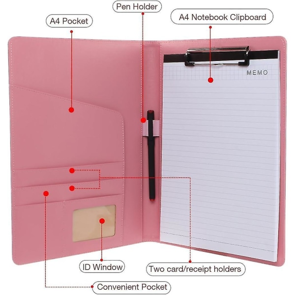 Lærresmappe for CV, klemmappe, portefølje, A4-mappe, konferansemappe for juridisk blokk til forretningsskole, kontor, konferanse (rosa)
