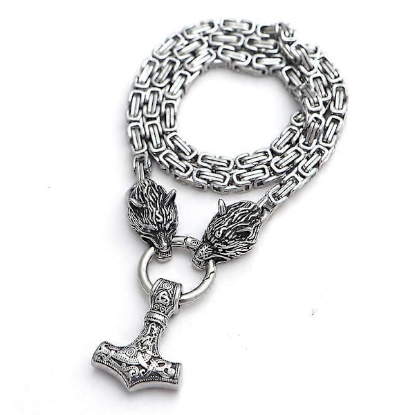 Ruostumattomasta teräksestä valmistettu susipääkaulakoru miehille, viikinkien Mjölnir-riipus, skandinaavinen kuningasketju, viikinkikorut LGL Steel 70cm