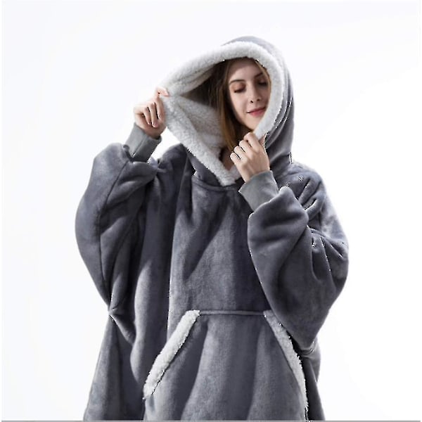 Genserteppe Oversized Hettegenser Brukbart Teppe Mykt Varmt Komfortabelt Stor Frontlomme LGL Grey