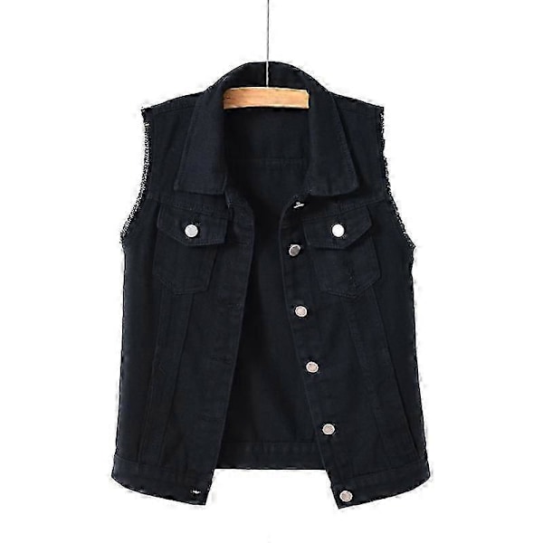 \"Cowboy Vest Dame Kort Forår og Sommer Plus Size Rå Kant Ærmeløs Jakke Hullet Cardigan\" LGL black M