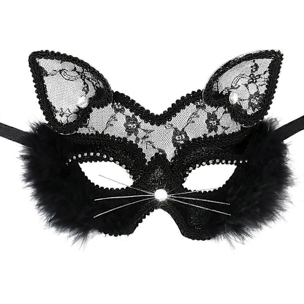 Halloween Maskerad Sexig Spets Kattmask för Kvinnor (Svart) 1 Styck LGL