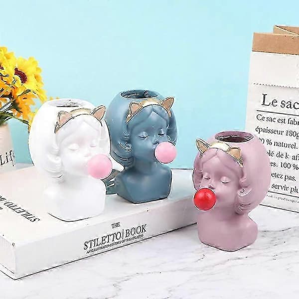 Dekorativ blomvas med bedårande resin-flicka som blåser tuggummi (LGL) E