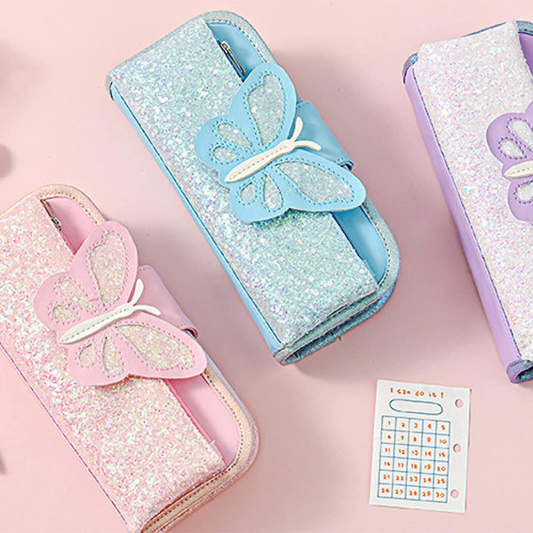 Sommerfugl Sequin Blyantpose Dobbelt Lynlåse Stor Kapacitet Stationery Taske (Lilla) (2-CC)