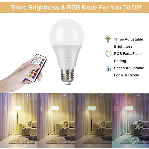 Farvede LED-pærer, RGBW Dæmpbare LED-pærer E27 Fjernbetjening Stemningslys Med Hukommelse Og Timerfunktion, 7 Lysstyrkeniveauer Til Hjemmet/d  (LGL)