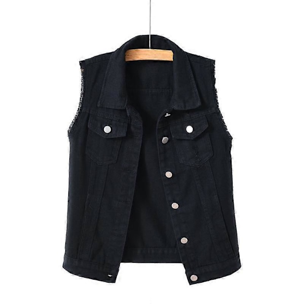 Cowboyväst Dam Kort Vår och Sommar Plus Size Rå Kant Ärmlös Jacka Hål Cardigan LGL black 2XL
