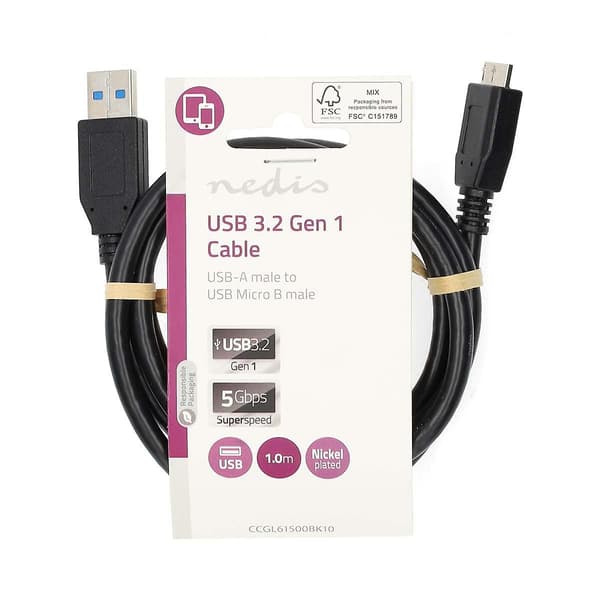 USB-kaapeli | USB 3.2 Gen 1 | USB-A Uros | USB Micro-B Uros | 5 Gbps | Nikkelipinnoitettu | 1,00 m | Pyöreä (LGL)