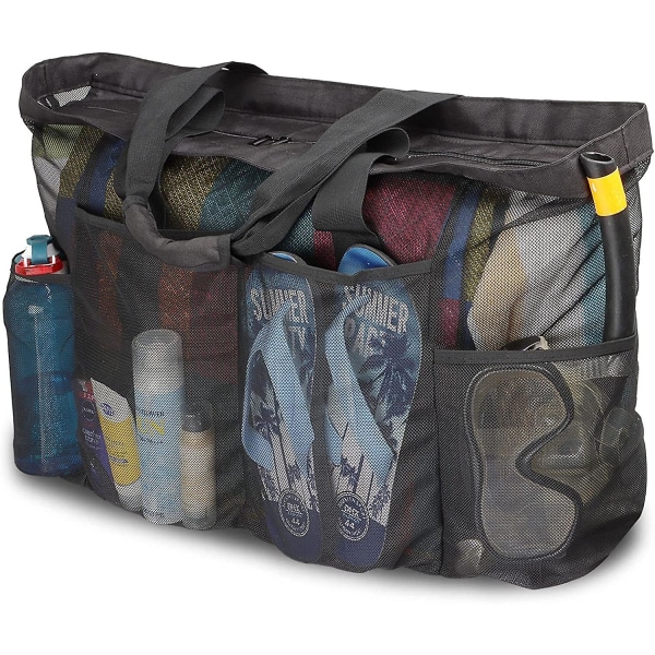 WABJTAM Ylisuuri rantalaukku, XL mesh laukku vetoketjulla ja taskuilla, täydellinen perheen rantamatkoille MUSTA