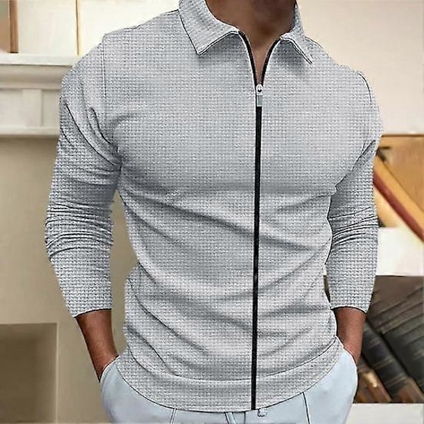 Herrskjorta Höst Vinter Enfärgad Lång Ärm Andningsbar Kavajkrage Dragkedja Utomhus Sport T-shirt LGL khaki XL