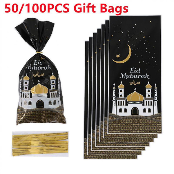 50pcs Eid Mubarak Gift Bags Plastic Cookie Candy Bag Ramadan Kareem Decor 2023 Islamic Muslim