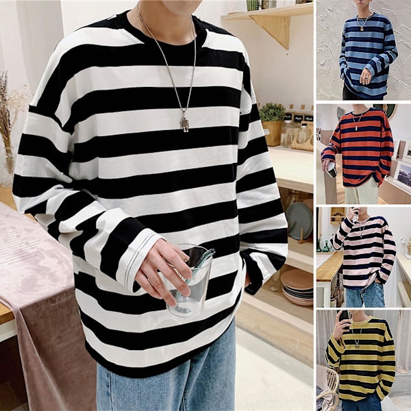 Miesten raidallinen collegepaita, pyöreä pääntie, pitkähihainen, rento, väljä istuvuus, muotitoppi nuorille miehille, asusteet LGL White XL