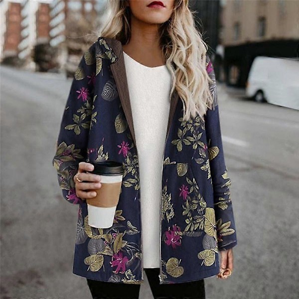 Afslappet Dame Varm Lomme Hættetrøje Langærmet Lynlås Vintage Frakker Blomster Fleece Jakke LGL navy blue XL
