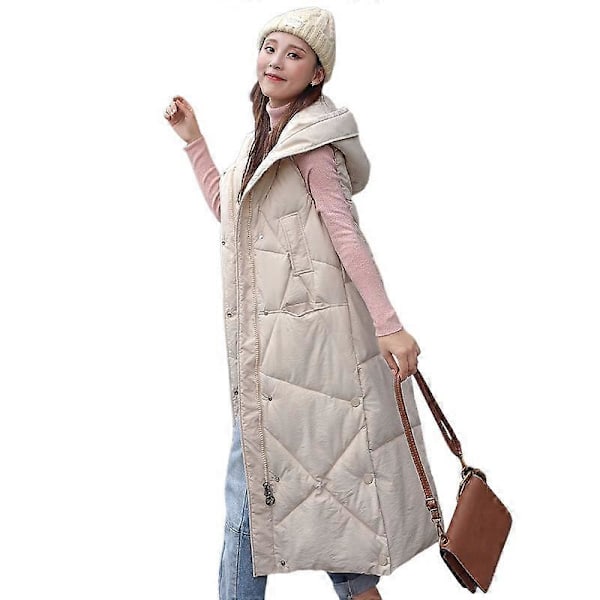 Lang quiltet damevest vinter dunvest overgangsvest vinterjakke lang vest vintervest letvægts varm quiltet afslappet lynlås puffer Ja LGL BEIGE XL