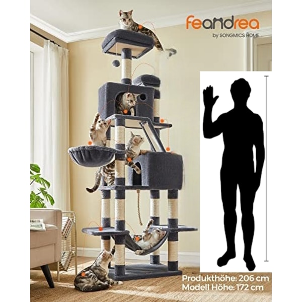 Feandrea-kissapuu, 206 cm iso kissatorni, jossa 13 raapimistolppaa, savunharmaa