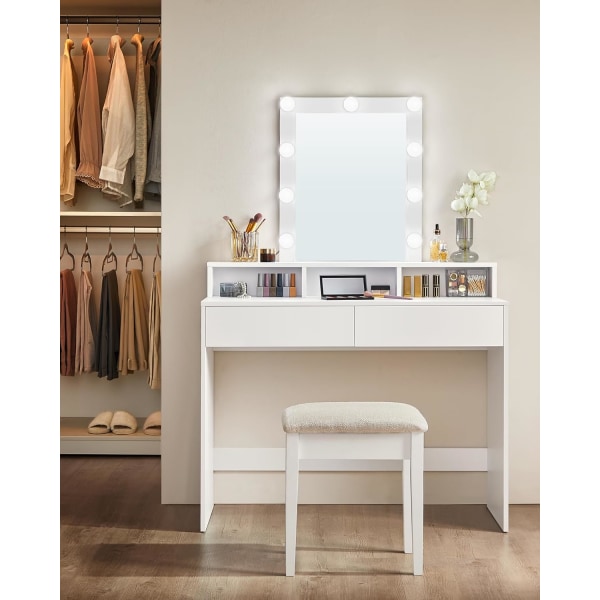 Sminkbord (Vanity) med spegel och glödlampor, kosmetikabord med 2 lådor Vit  8058 | Fyndiq